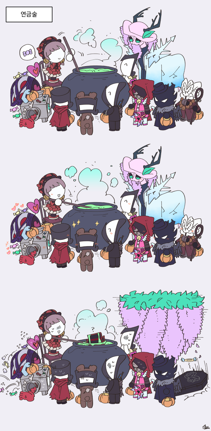 1girl, 2boys, 5others, alriune, baral_(project_moon), baral_(project_moon)_(cosplay), blue_cape, candy, cape, cauldron, censored_(project_moon), closed_mouth, clouded_monk, clouded_monk_(cosplay), coffin, colored_skin, cooking, cosplay, der_freischuetz_(project_moon), food, force_(4sk_force), full_body, halloween, happy_teddy_bear, happy_teddy_bear_(cosplay), highres, hood, hood_down, hooded_sweater, korean_text, laetitia_(project_moon), laetitia_(project_moon)_(cosplay), little_red_riding_hooded_mercenary, little_red_riding_hooded_mercenary_(cosplay), lobotomy_corporation, multiple_boys, multiple_others, no_humans, nothing_there, nothing_there_(cosplay), plague_doctor_(project_moon), plague_doctor_(project_moon)_(cosplay), project_moon, queen_of_hatred, queen_of_hatred_(cosplay), red_cape, simple_background, singing_machine, smile, snow_queen_(project_moon), snow_queen_(project_moon)_(cosplay), sparkle, spider_bud, spider_bud_(cosplay), stirring, sweater, translation_request, white_background, white_skin