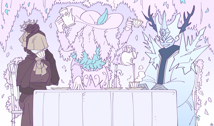 3girls, alriune, black_gloves, black_sash, blue_coat, blue_dress, chair, coat