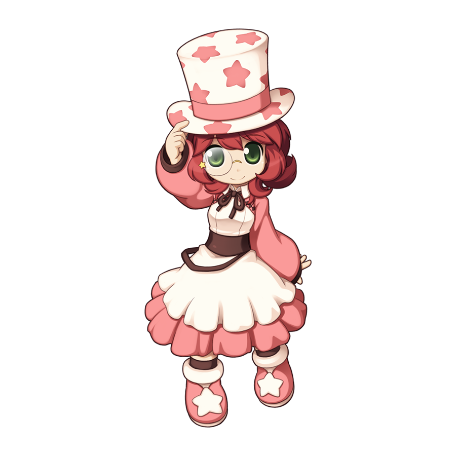 1girl, adjusting_clothes, adjusting_headwear, boots, brown_ribbon, brown_sash, chibi, chibi_only, closed_mouth, collared_dress, dress, full_body, green_eyes, hat, long_sleeves, looking_at_viewer, monocle, neck_ribbon, official_art, phantom_thief_anniversary, pink_boots, pink_dress, ragnarok_online, red_hair, ribbon, rimless_eyewear, short_hair, simple_background, smile, solo, standing, star_(symbol), star_print, top_hat, transparent_background, two-tone_dress, white_dress, white_hat, yuichirou