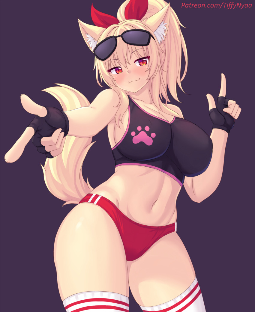 1girl, animal_ear_fluff, animal_ears, black_gloves, blonde_hair, breasts, buruma, eyewear_on_head