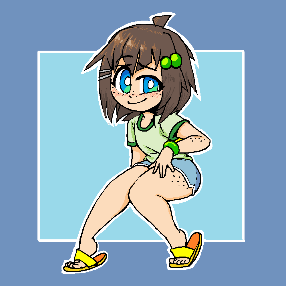 1girl, ahoge, brown_hair, child, eyebrow_raise, flat_chest, freckles, indie_virtual_youtuber, lily_hopkins, sandals, smile, smug, solo, squatting, thattechnique, tiptoes, virtual_youtuber