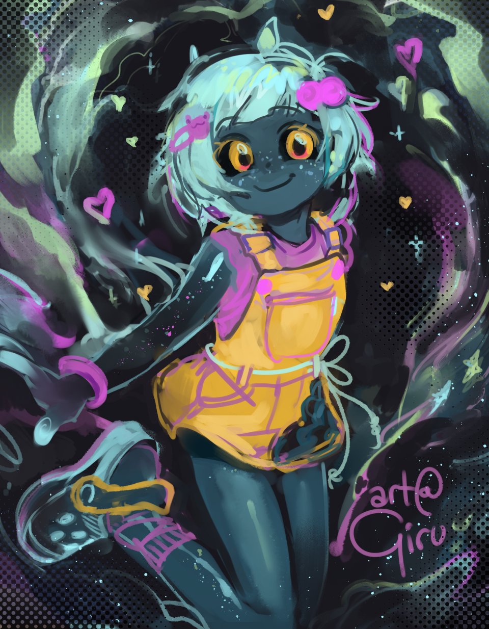 1girl, 2024, artist_name, bare_legs, black_background, child, crocs, freckles