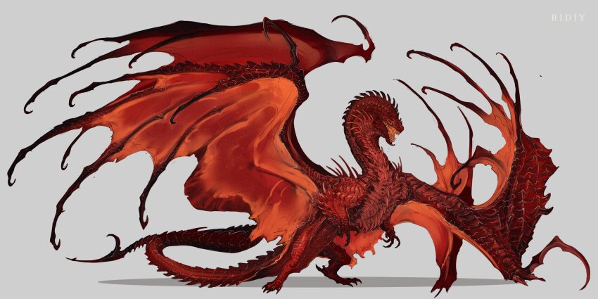 absurdres, animal_focus, artist_name, claws, dragon, full_body, grey_background, highres, monster, monster_focus, multiple_wings, no_humans, open_mouth, original, ridiy_vortep, sharp_teeth, simple_background, solo, tail, teeth, western_dragon, wings