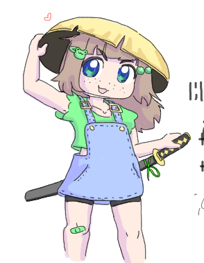 1girl, 2024, bandaid, bike_shorts, blue_overalls, brown_hair, child, green_shirt, hat, heart, holding, holding_unworn_clothes, holding_unworn_hat, indie_virtual_youtuber, kasa_hat, lily_hopkins, midriff, overalls, ryanflorian1, scabb, scabbard, sheath, shirt, solo, standing, sword, unworn_hat, unworn_headwear, virtual_youtuber, weapon