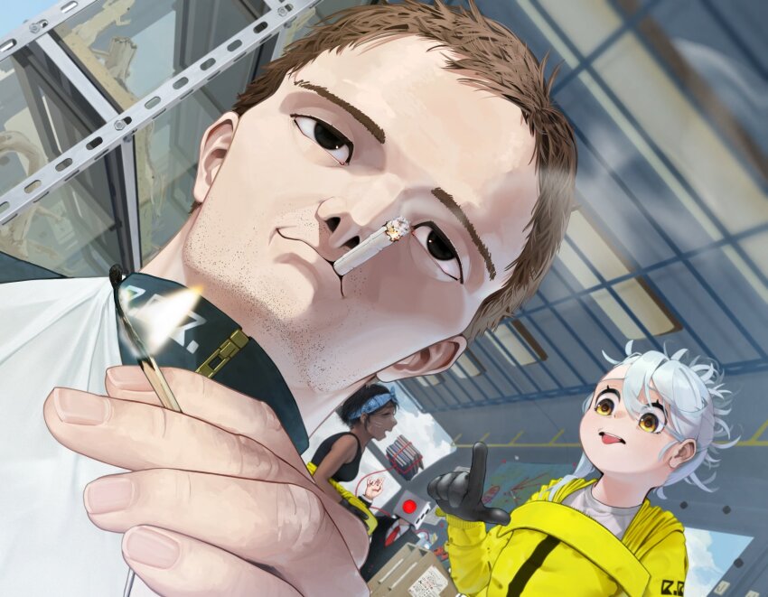 2boys, 2girls, bare_shoulders, beard_stubble, black_gloves, black_hair, black_jacket, black_shirt