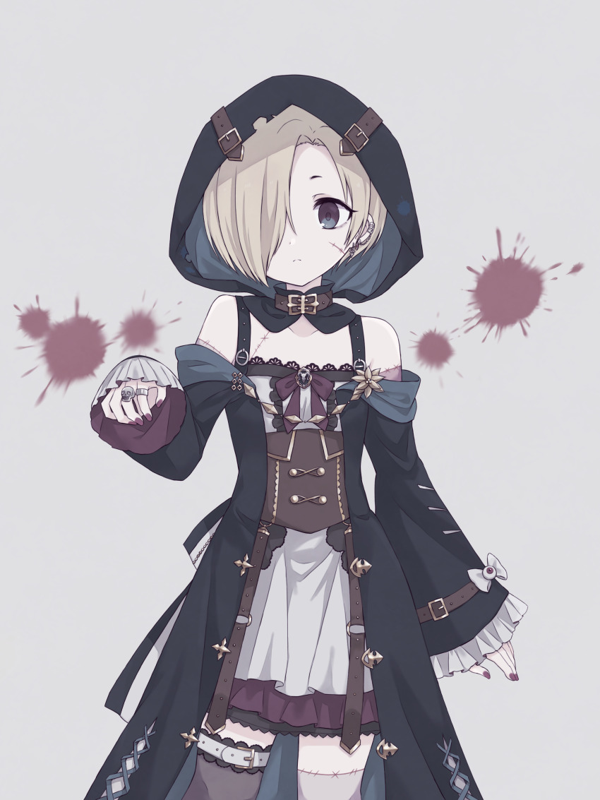 1girl, absurdres, belt_collar, black_dress, black_eyes, black_hoodie, black_jacket, black_nails, black_thighhighs, brown_collar, collar, dress, earrings, hair_over_one_eye, highres, hood, hoodie, idolmaster, idolmaster_cinderella_girls, jacket, jewelry, looking_at_viewer, nail_polish, ring, rukka_(hinata_hari), shirasaka_koume, short_hair, single_earring, single_thighhigh, skull_ring, solo, thighhighs