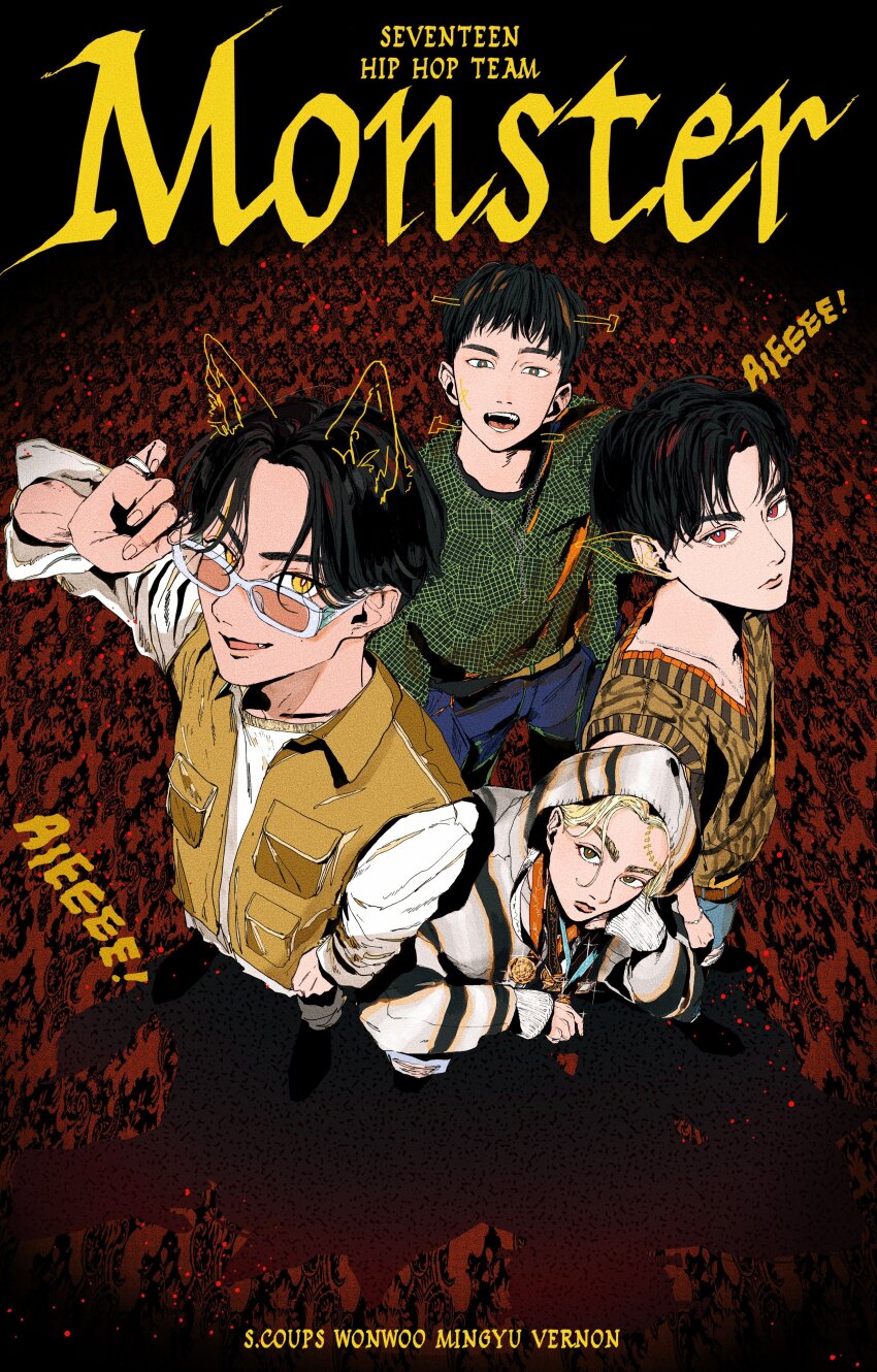 4boys, absurdres, artist_name, black_hair, blonde_hair, from_above, green_shirt, hat, highres, jewelry, k-pop, kiastimiu, looking_at_viewer, male_focus, mingyu, multiple_boys, open_mouth, real_life, red_eyes, ring, s.coups, seventeen_(group), shirt, short_hair, smile, song_name, vernon_(seventeen), vest, wonwoo, yellow_eyes