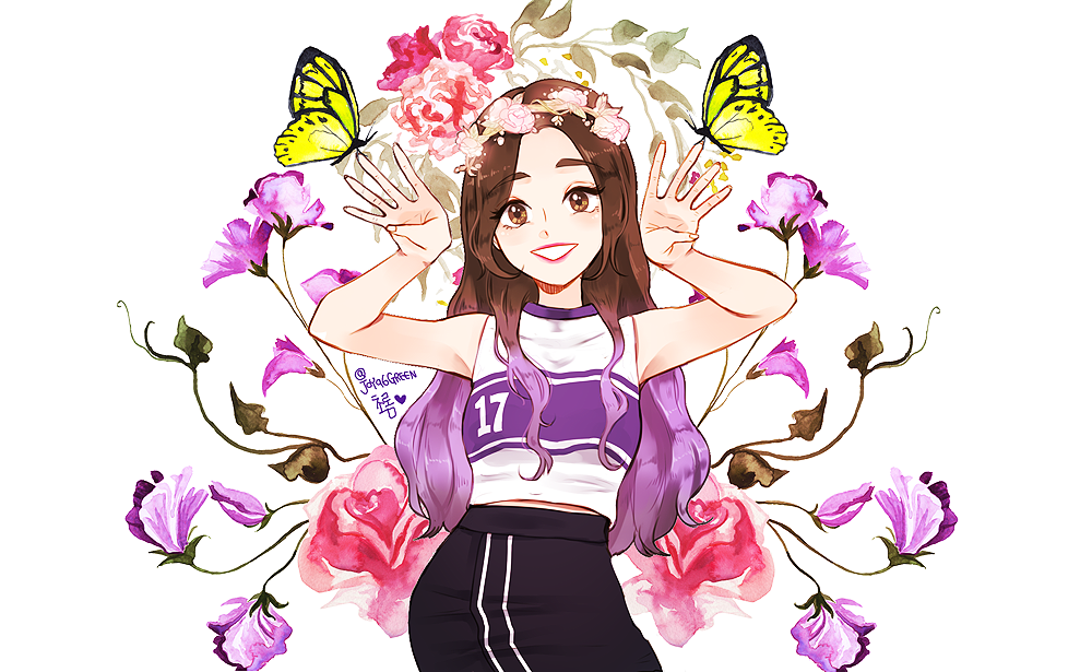 1girl, brown_eyes, brown_hair, bug, butterfly, commentary_request, cowboy_shot, flower, flower_wreath, insect, joy96green, k-pop, korean_commentary, long_hair, looking_at_viewer, numbered, pink_lips, purple_hair, real_life, red_velvet_(group), skirt, sleeveless, smile, solo, twitter_username, yellow_butterfly, yeri_(red_velvet)