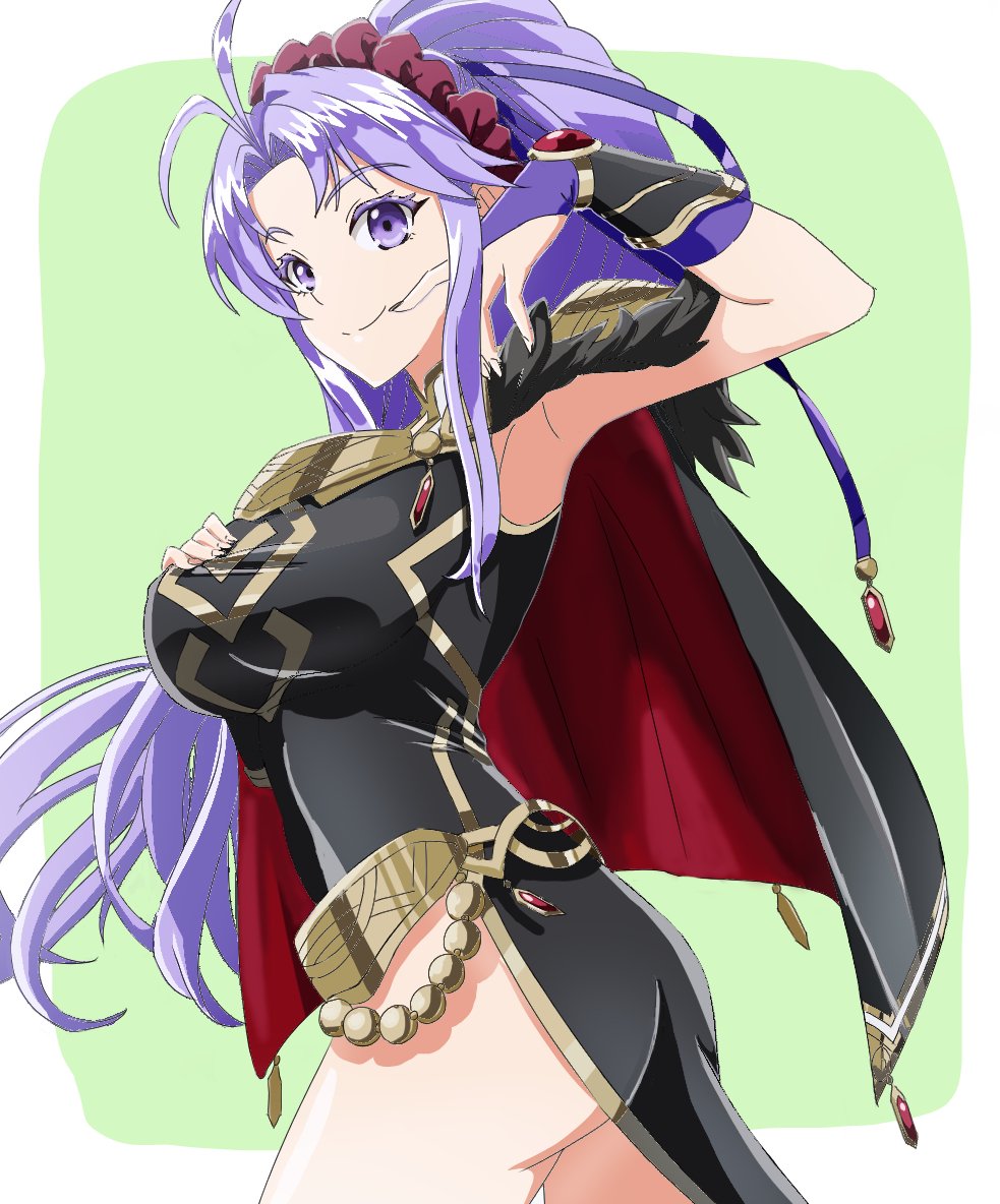 1girl, alternate_breast_size, antenna_hair, armor, armpits, ass, belt, black_cape