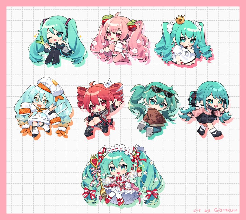 6+girls, absurdres, chibi, cleaver, dress, drill_hair, grimruu, hatsune_miku