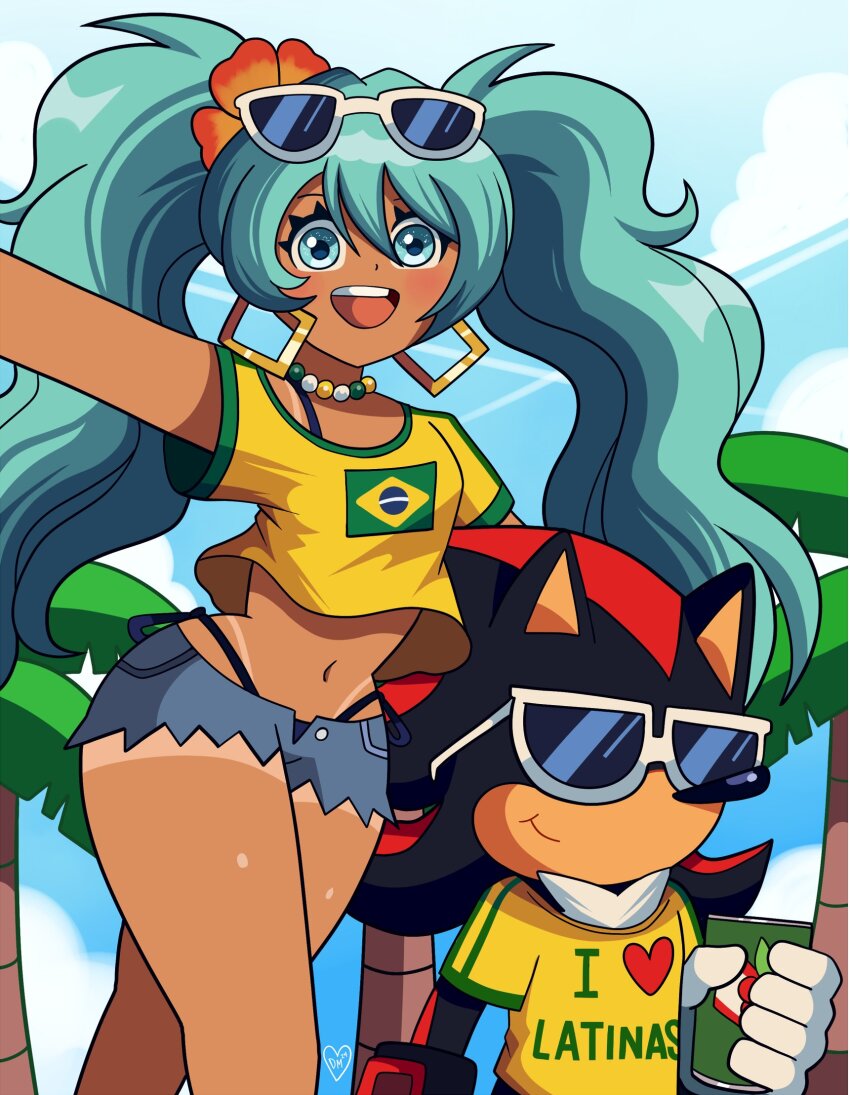 1boy, 1girl, brazil, brazilian_flag, brazilian_flag_print, brazilian_miku, domestic_maid, earrings