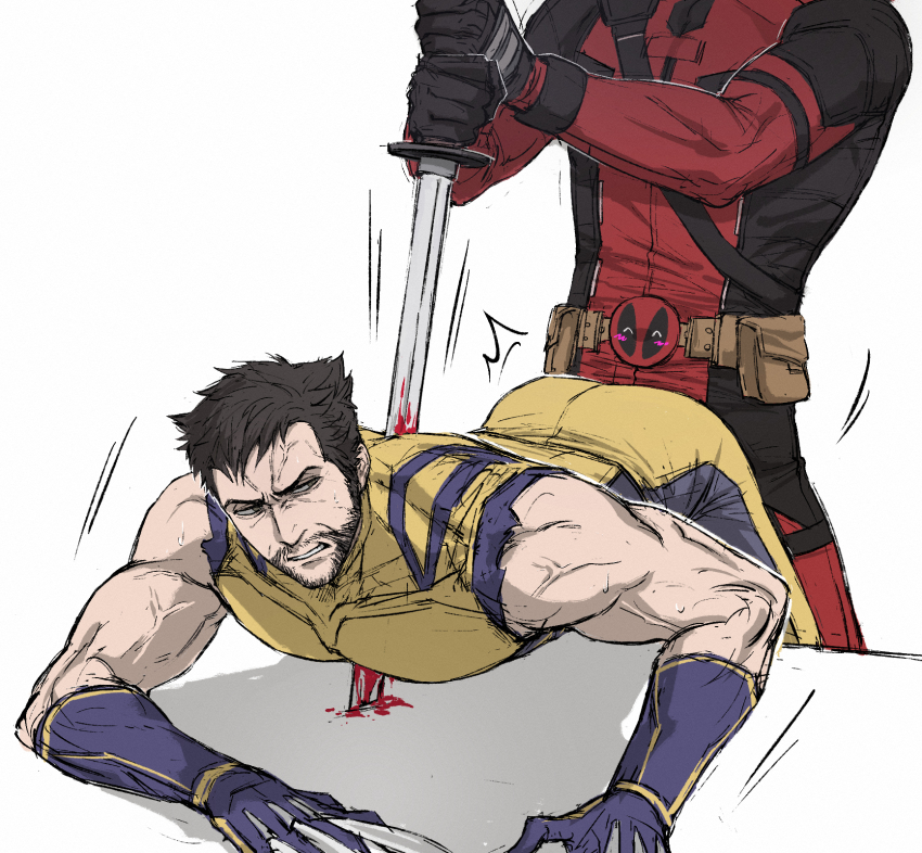 2boys, animification, ass, ass_press, beard, belt, black_gloves, blood, bloody_weapon, blue_gloves, blush, bodysuit, brown_hair, claw_(weapon), clenched_teeth, deadpool, deadpool_&amp;_wolverine, deadpool_(series), facial_hair, gloves, gyeleul, highres, holding, holding_sword, holding_weapon, impaled, injury, katana, male_focus, marvel, mask, multicolored_bodysuit, multiple_boys, muscular, muscular_male, pectorals, red_bodysuit, sleeveless, stab, superhero_costume, sword, teeth, two-tone_bodysuit, utility_belt, veins, violence, weapon, wolverine_(x-men), x-men, yaoi, yellow_bodysuit