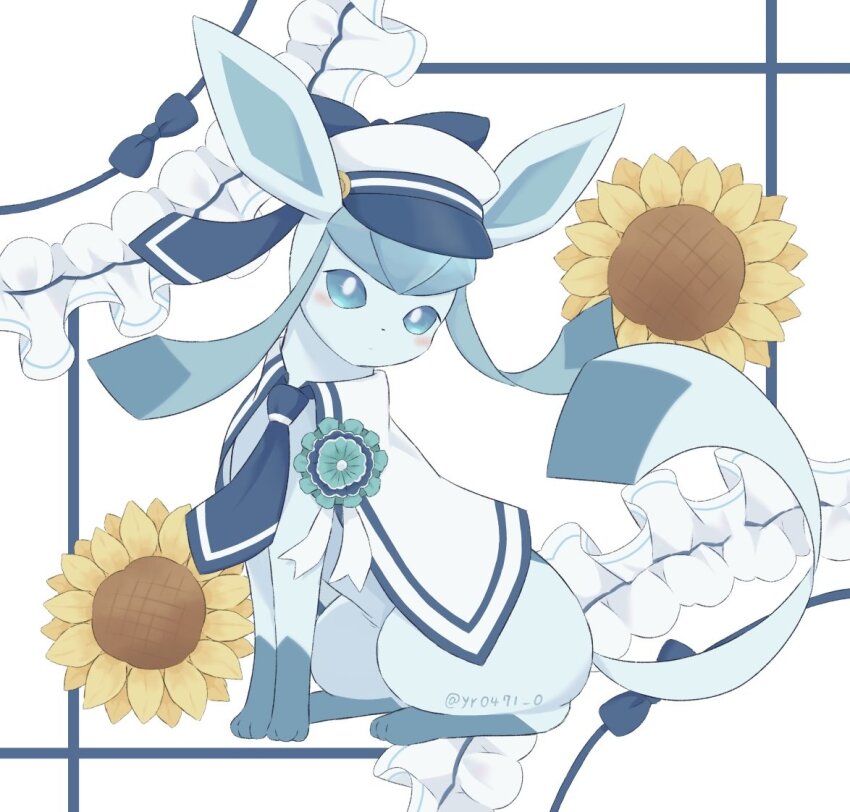 animal, animal_focus, blue_eyes, blush, flower, gen_4_pokemon, glaceon, glaceon_(summer_sailor)