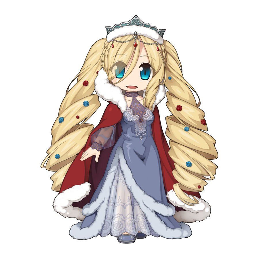 1girl, alternate_costume, blonde_hair, blue_eyes, blue_flower, braid, breasts, cape, chibi, chibi_only, crown, dress, drill_hair, eyes_visible_through_hair, flower, full_body, fur-trimmed_cape, fur-trimmed_dress, fur_trim, gem, grey_crown, grey_dress, hair_between_eyes, hair_flower, hair_ornament, lace_dress, long_bangs, long_hair, looking_at_viewer, medium_breasts, official_art, open_mouth, princess_meer, ragnarok_online, red_cape, red_flower, red_gem, sidelocks, simple_background, smile, solo, standing, transparent_background, twin_drills, very_long_hair, yuichirou