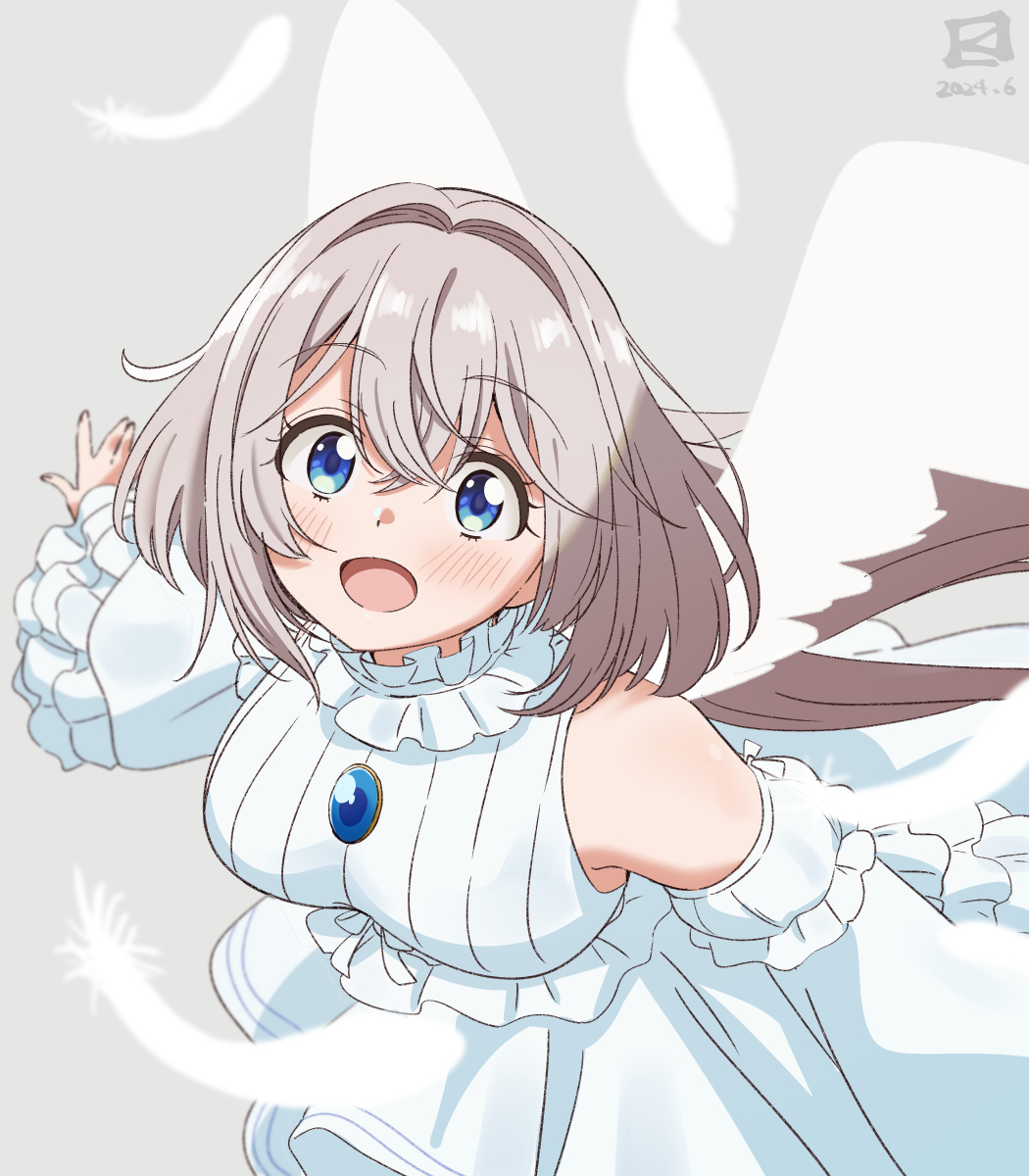 1girl, angel_wings, bare_shoulders, blue_eyes, blush, breasts, detached_sleeves, dress, feathers, from_above, highres, large_breasts, long_hair, looking_at_viewer, miyahara_takuya, one_room_hiatari_futsuu_tenshi-tsuki, open_mouth, smile, solo, towa_(tenshi-tsuki), upper_body, white_dress, white_wings, wings