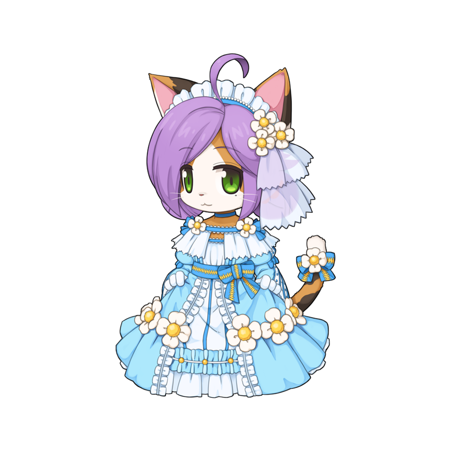 1girl, :3, ahoge, alternate_costume, animal_ears, blue_bow, blue_dress, bow, caprese_(ragnarok_online), cat_ears, cat_girl, cat_tail, chibi, chibi_only, closed_mouth, dress, dress_flower, flower, full_body, green_eyes, hair_flower, hair_ornament, headdress, long_dress, looking_at_viewer, mole, mole_under_eye, official_art, purple_hair, ragnarok_online, short_hair, simple_background, smile, solo, standing, tail, tail_flower, tail_ornament, transparent_background, two-tone_dress, whiskers, white_dress, white_flower, yuichirou
