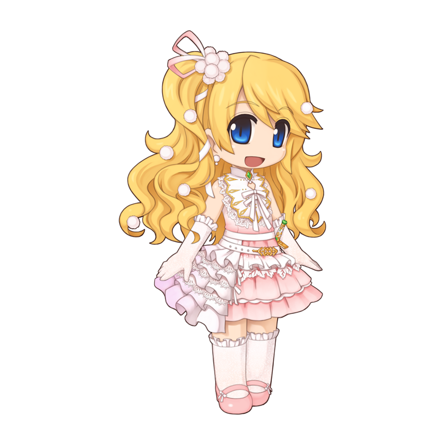 1girl, :d, alternate_costume, blonde_hair, blue_eyes, chibi, chibi_only, dress
