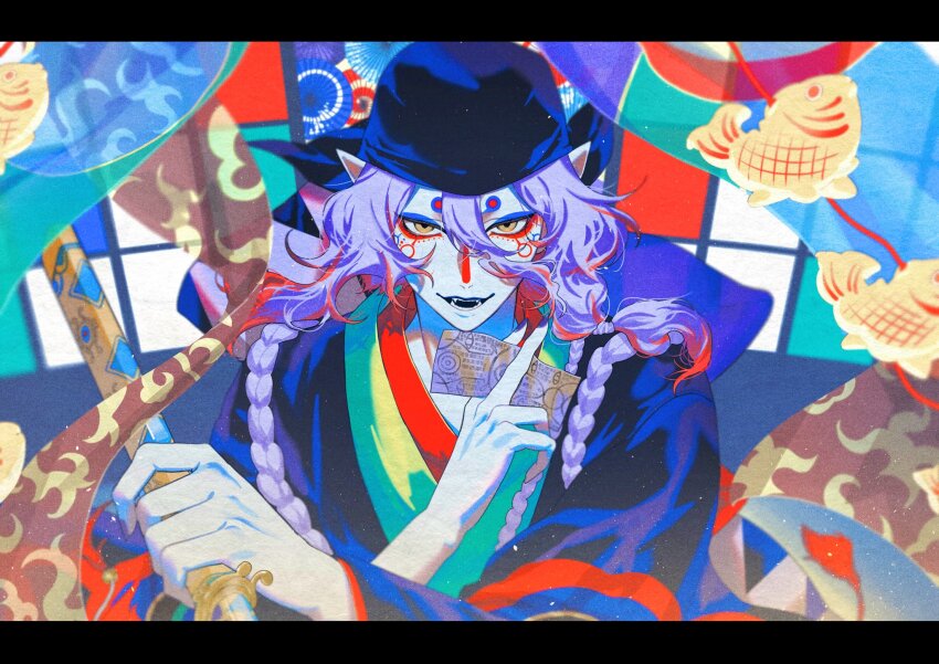 1boy, bandana, blue_bandana, facepaint, fangs, fish, gekijouban_mononoke, hair_tie