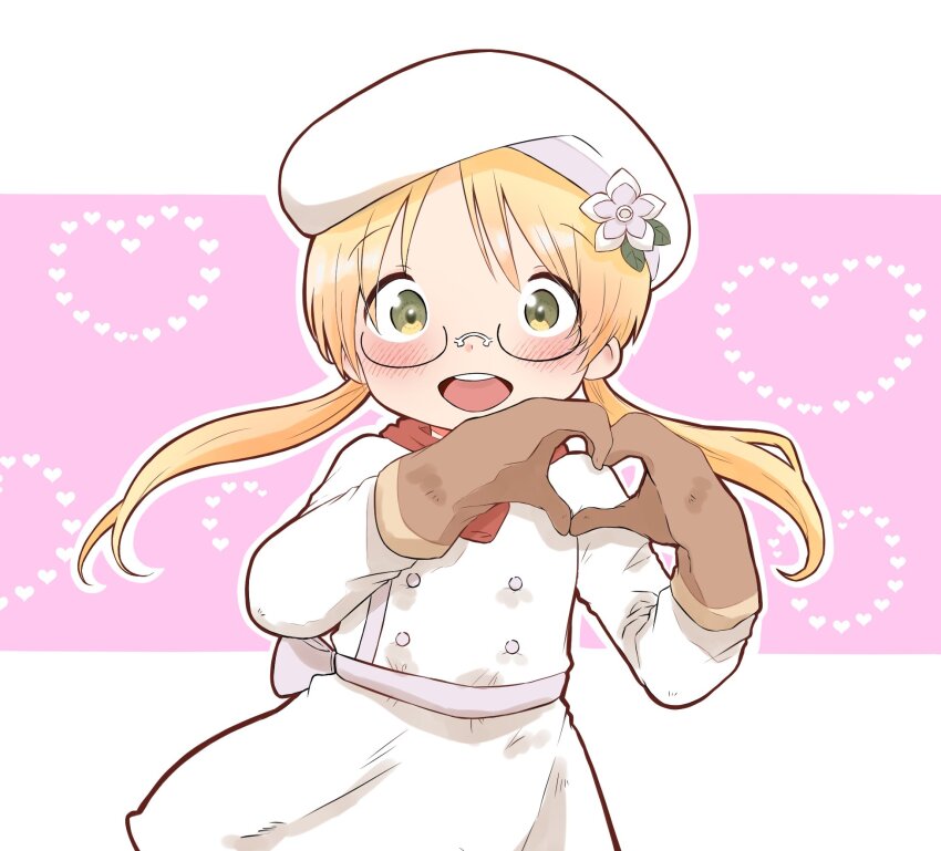 1girl, :d, beret, blonde_hair, blush, brown_gloves, chef, flower