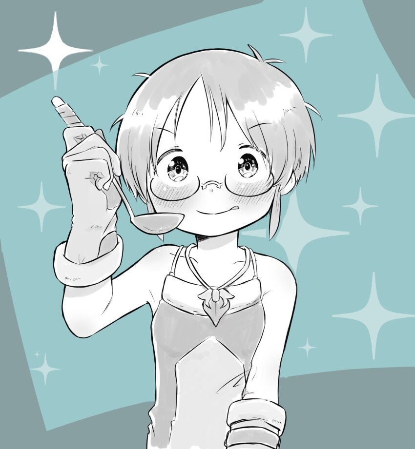 1girl, :q, apron, aqua_background, bare_arms, bare_shoulders, blush, glasses, gloves, grey_background, greyscale, greyscale_with_colored_background, highres, holding, holding_ladle, kiwami_(kiwamimuneko), ladle, looking_at_viewer, made_in_abyss, monochrome, naked_apron, riko_(made_in_abyss), short_hair, smile, solo, sparkle, tongue, tongue_out, two-tone_background, upper_body, whistle, whistle_around_neck