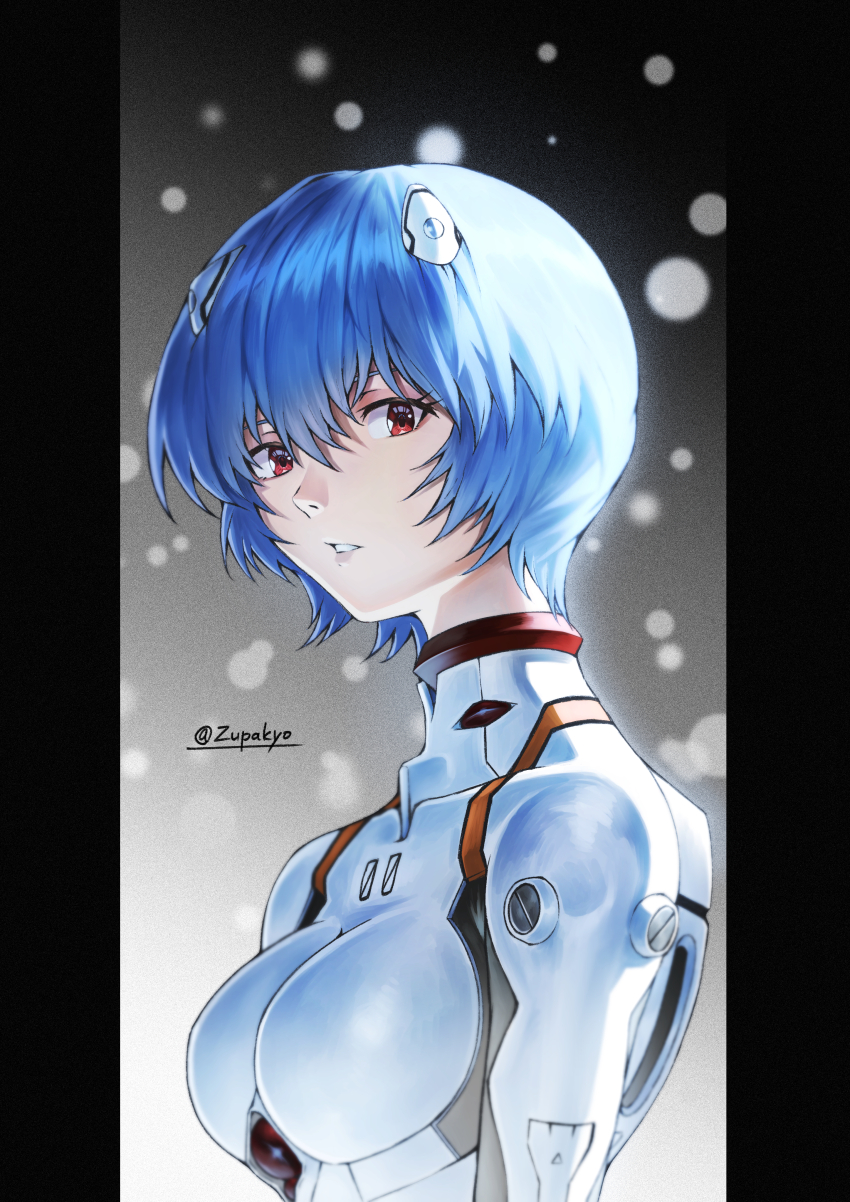 1girl, absurdres, ayanami_rei, blue_hair, bodysuit, from_side, highres, looking_at_viewer