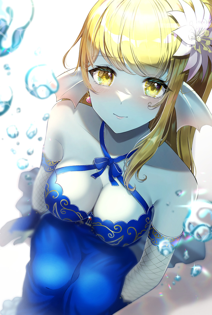 1girl, aqua_skin, bare_shoulders, blonde_hair, blue_dress, blurry, blush, breasts, cleavage, closed_mouth, colored_skin, commentary_request, depth_of_field, dragon_quest, dragon_quest_x, dress, earrings, fins, fishnet_gloves, fishnets, flower, from_above, gloves, hair_flower, hair_ornament, head_fins, highres, jewelry, large_breasts, linache_(dq10), looking_at_viewer, looking_up, medium_hair, nikon_(user_aznh7528), sitting, slime_(dragon_quest), solo, water, weddie_(dq10), yellow_eyes