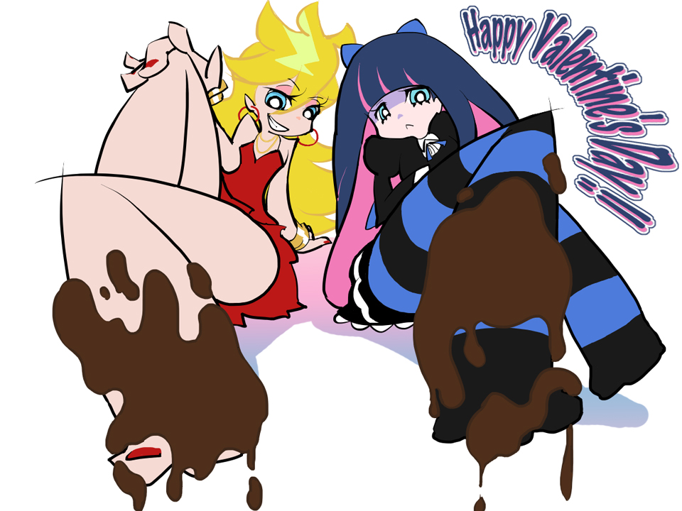 10s, 2girls, barefoot, blonde_hair, chocolate, chocolate_on_foot, dress, feet, foreshortening, frown, goth_fashion, jewelry, kuma_kichi, multicolored_hair, multiple_girls, nail_polish, panty_&amp;_stocking_with_garterbelt, panty_(psg), smile, smirk, stocking_(psg), striped_clothes, striped_legwear, striped_thighhighs, thighhighs, two-tone_hair, valentine