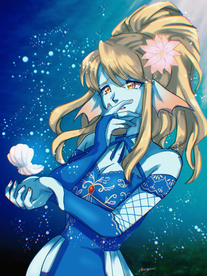 1girl, air_bubble, amayu_(amaamailust), aqua_skin, blonde_hair, blue_bridal_gauntlets, blue_dress, breasts
