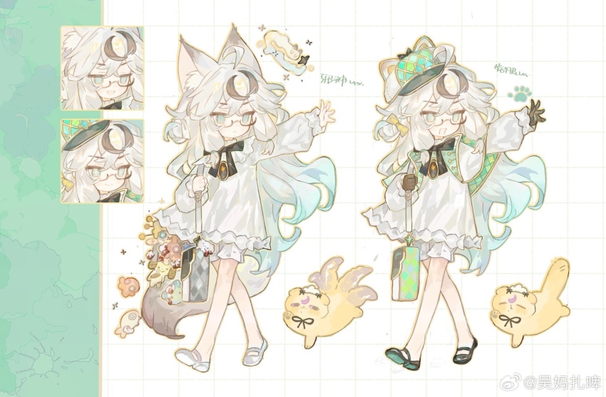 1girl, ahoge, animal_ear_fluff, animal_ear_headwear, animal_ears, argyle_bag, argyle_capelet, argyle_clothes, argyle_hat, bag, belt_buckle, black-framed_eyewear, black_bow, black_bowtie, black_footwear, black_gloves, black_hair, black_ribbon, bloomers, blue_eyes, blue_hair, bow, bowtie, brooch, buckle, buttons, capelet, chinese_commentary, chinese_text, close-up, closed_mouth, collared_dress, commentary_request, deerstalker, dog, dress, fake_animal_ears, fox_ears, fox_tail, frilled_dress, frilled_sleeves, frills, glasses, gloves, gradient_hair, green_bag, green_capelet, green_hat, grey_bag, grid_background, hair_bow, hair_tubes, halo, hat, highres, holding, holding_bag, jewelry, light_frown, long_hair, long_sleeves, maid_headdress, mary_janes, multicolored_hair, multiple_tails, open_mouth, original, outline, puffy_long_sleeves, puffy_sleeves, reference_sheet, ribbon, shoes, short_dress, sidelocks, sleeves_past_wrists, smile, sparkle, streaked_hair, stuffed_animal, stuffed_bird, stuffed_dog, stuffed_monster, stuffed_rabbit, stuffed_toy, tail, tentacles, translation_request, underwear, variations, very_long_hair, watermark, weibo_watermark, white_background, white_bloomers, white_bow, white_dress, white_footwear, white_hair, white_halo, wuma_zhapi, yellow_bow, yellow_outline