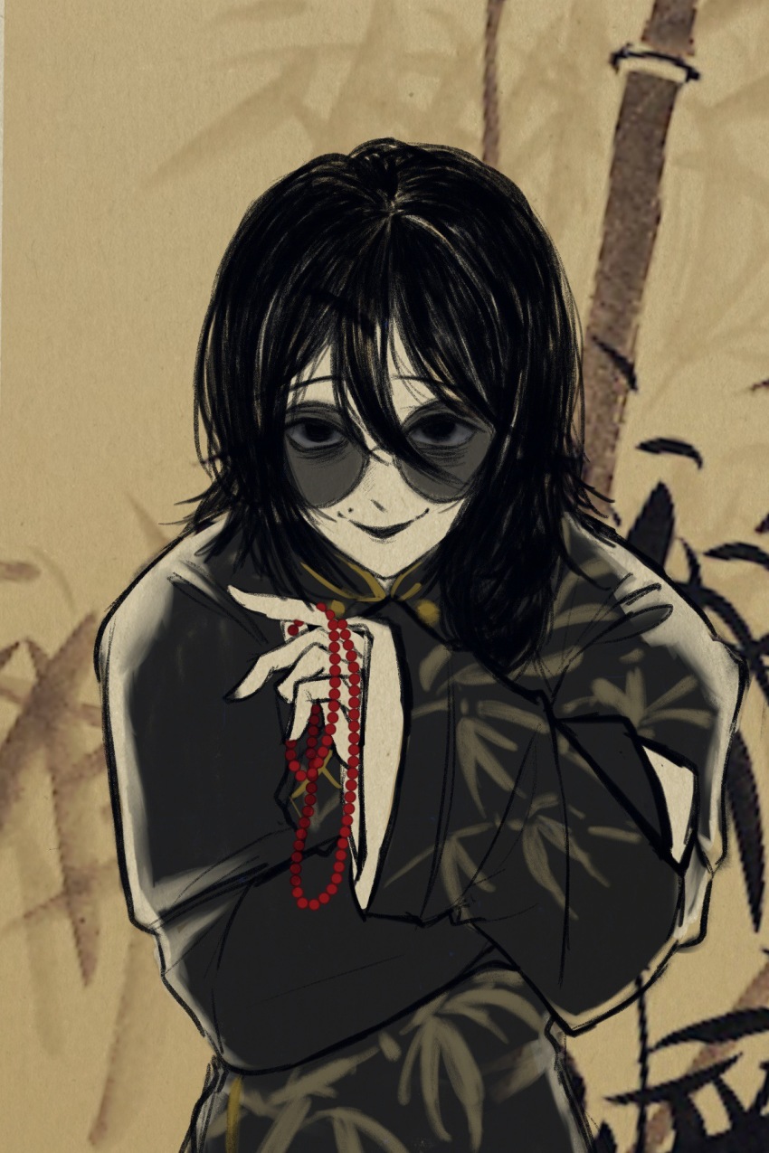 1boy, beads, black_hair, black_jacket, chinese_commentary, colored_skin, commentary_request, hair_between_eyes