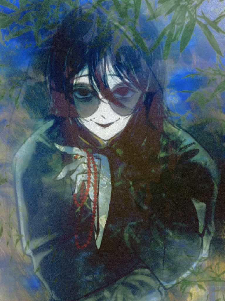 1boy, beads, black_hair, black_jacket, chinese_commentary, colored_skin, commentary_request, film_grain, hair_between_eyes, jacket, kinkypale, long_sleeves, looking_at_viewer, lu_mi, male_focus, medium_hair, open_mouth, round_eyewear, smile, solo, sunglasses, touqi_guaitan, white_skin, wide_sleeves