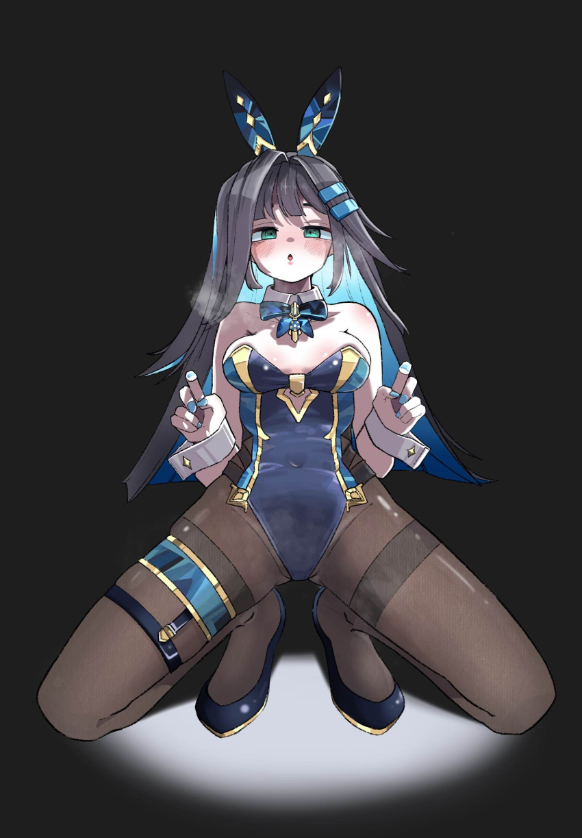 1girl, abigail_(black_survival), animal_ears, aqua_eyes, bare_shoulders, black_hair, black_pantyhose, black_survival