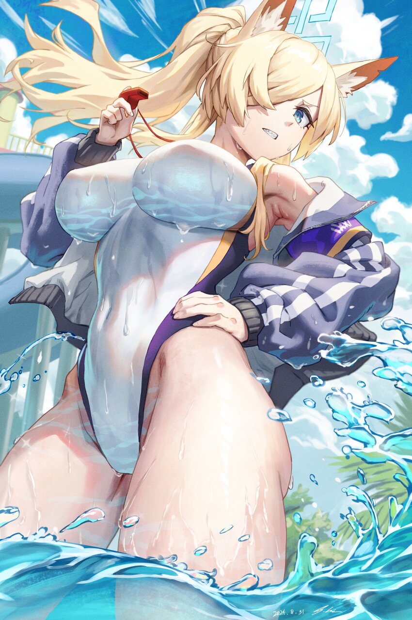 1girl, absurdres, armpits, bare_shoulders, blonde_hair, blue_archive, blue_eyes, blue_jacket