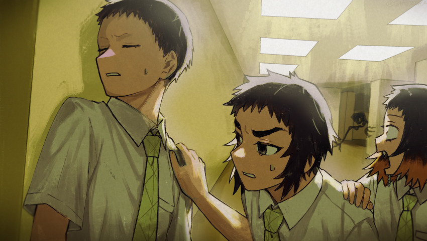 1girl, 2boys, absurdres, backrooms_(creepypasta), black_eyes, black_hair, ceiling_light, closed_eyes