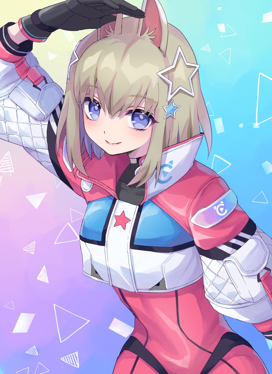 1girl, animal_ears, blue_eyes, brown_hair, festibattle, gloves, hair_ornament, highres, leotard, looking_at_viewer, marion_(festibattle), pink_leotard, solo, star_(symbol), star_hair_ornament, worupenta