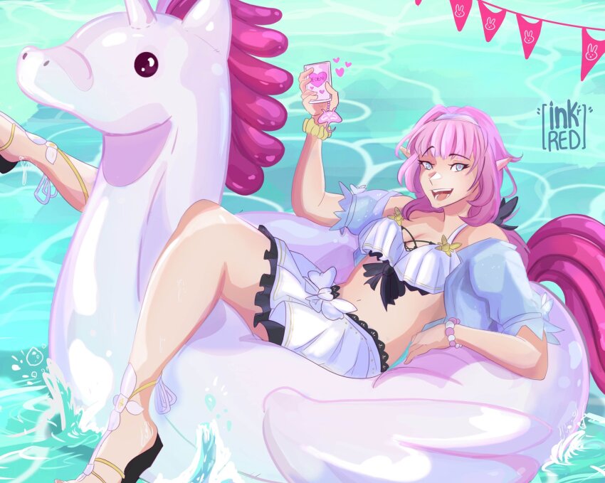 1girl, :d, bare_shoulders, bead_bracelet, beads, bikini, bikini_skirt, blue_eyes