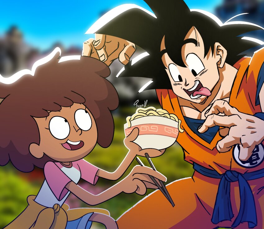 1boy, 1girl, amphibia, anne_boonchuy, arion_miitoons_rashad, black_eyes, black_hair, brown_hair, chopsticks, clothes_around_waist, commentary, crossover, dark-skinned_female, dark_skin, denim, denim_shorts, dougi, dragon_ball, english_commentary, food, highres, holding, holding_chopsticks, holding_food, muscular, muscular_male, noodles, open_mouth, pink_shirt, shirt, short_hair, shorts, smile, son_goku, spiked_hair, sweater, sweater_around_waist, two-tone_shirt, white_shirt