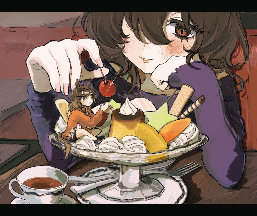 2girls, agnes_tachyon_(casual)_(umamusume), agnes_tachyon_(umamusume), animal_ears, black_shorts, blush, booth_seating, brown_eyes