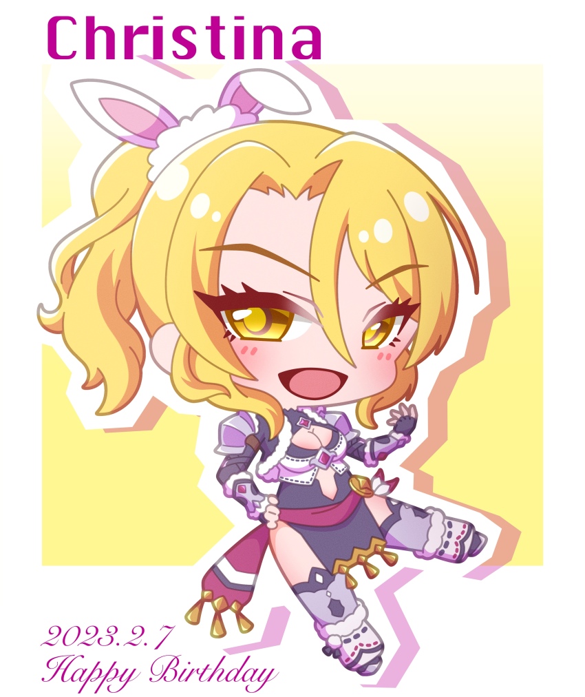 1girl, :d, absurdres, animal_ears, armor, black_dress, black_gloves, blonde_hair, blush, boots, breasts, brown_eyes, character_name, chibi, christina_(princess_connect!), christina_(wild)_(princess_connect!), cleavage, commentary, dated, dress, fingerless_gloves, full_body, gloves, grey_thighhighs, hair_between_eyes, hand_puppet, hand_up, happy_birthday, highres, large_breasts, open_mouth, outline, parted_bangs, pauldrons, pelvic_curtain, ponytail, princess_connect!, puppet, rabbit_ears, saishosaisekojo, shoulder_armor, smile, solo, thighhighs, thighhighs_under_boots, white_outline
