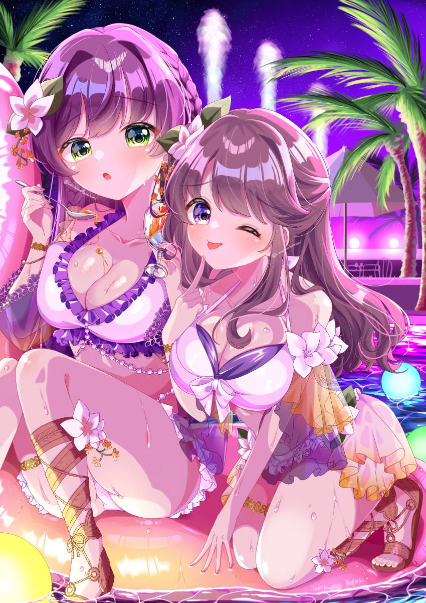 2girls, :o, ;p, absurdres, bikini, blush, braid, breasts