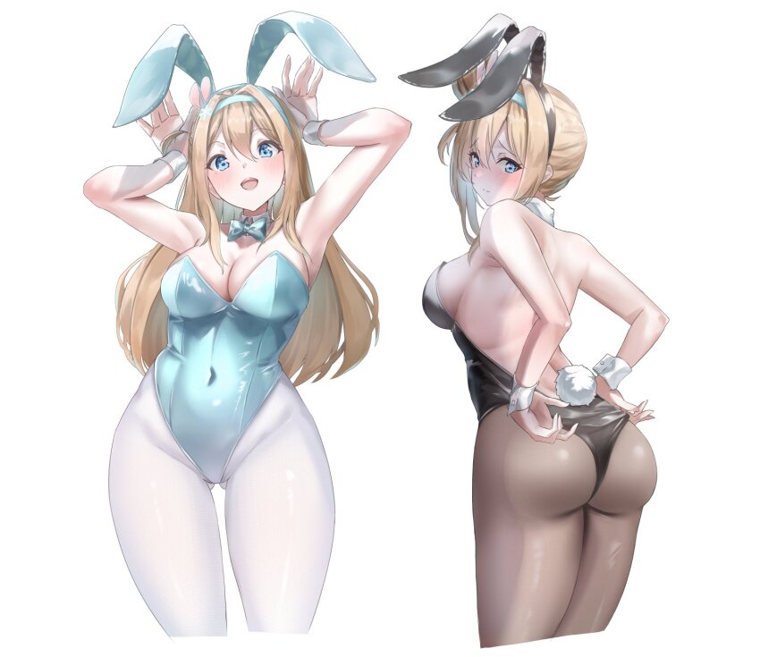 2girls, adjusting_clothes, adjusting_leotard, alternate_costume, animal_ears, ass, backless_leotard, black_pantyhose