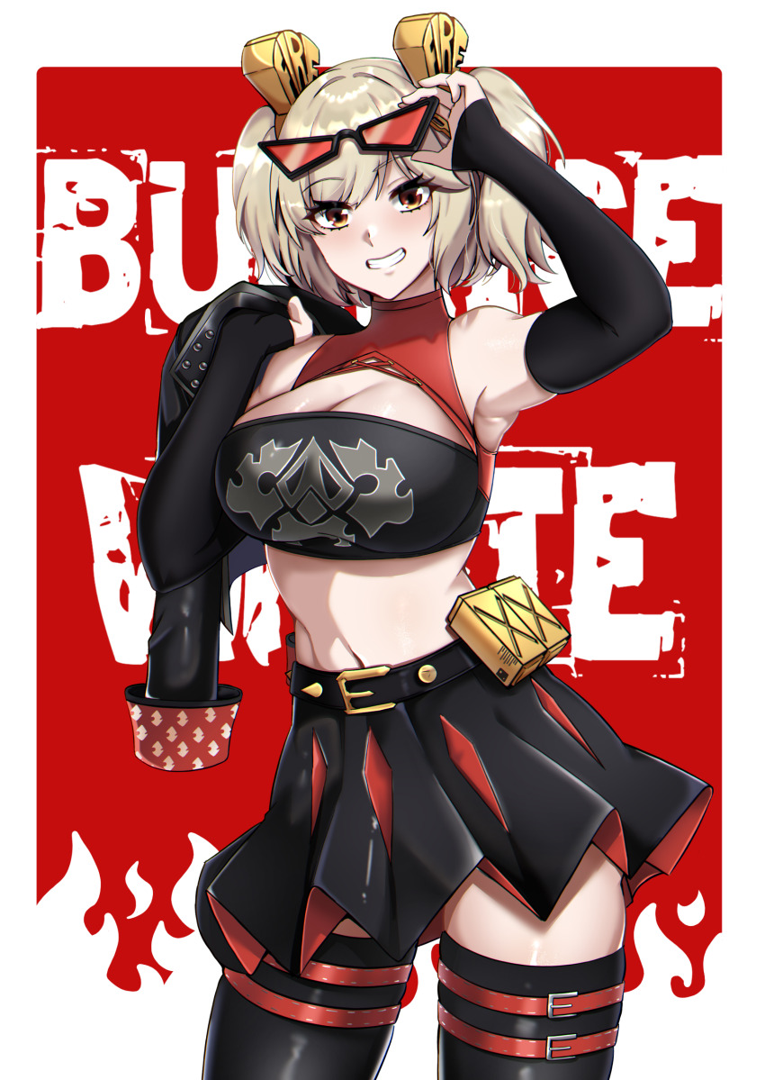 1girl, absurdres, black_gloves, black_jacket, black_skirt, black_thighhighs, blonde_hair, breasts