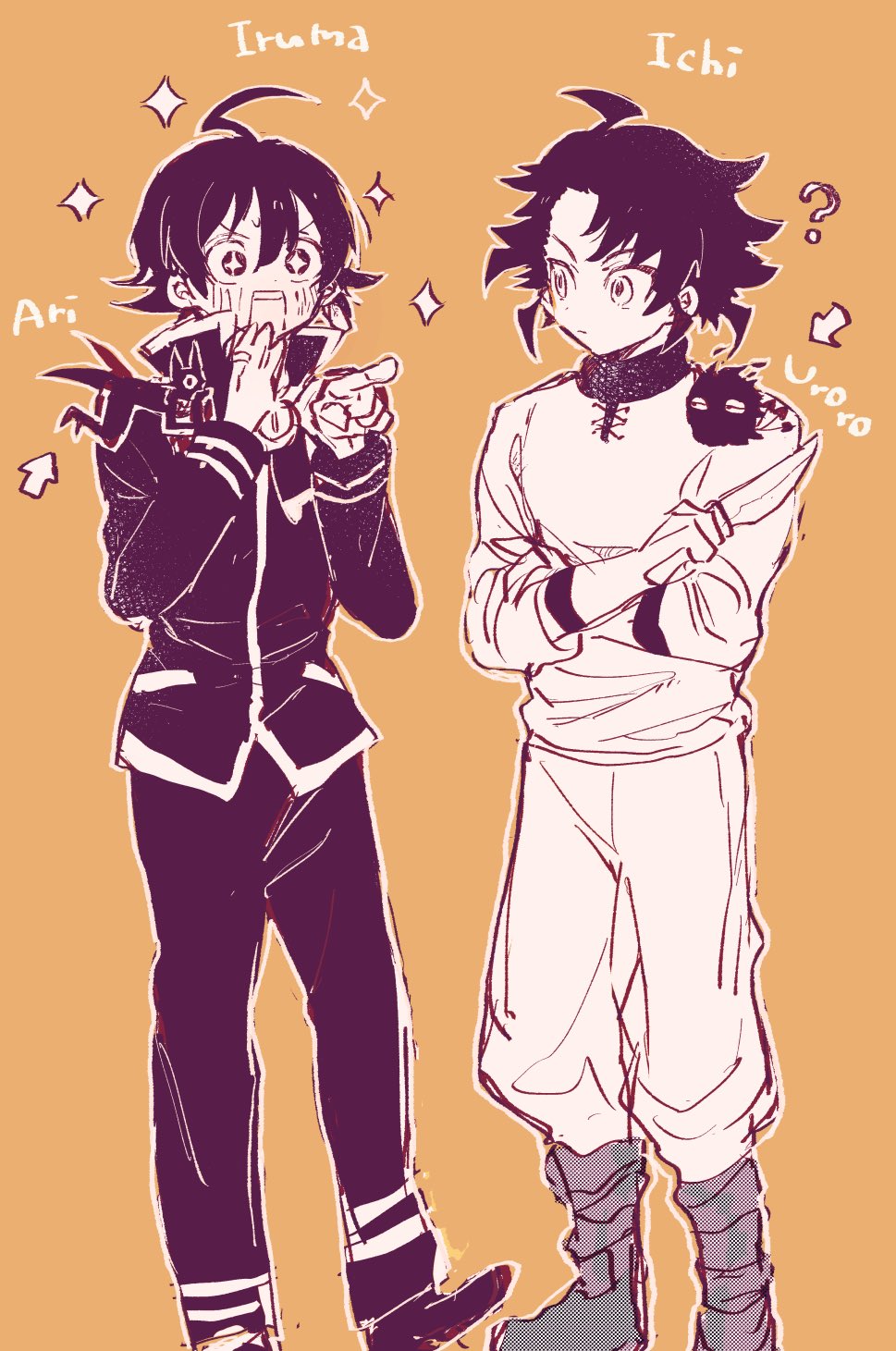 2boys, ?, ahoge, arikured, blush, cham, creator_connection, crossover, highres, holding, holding_knife, horns, ichi_(madan_no_ichi), jewelry, king_uroro, knife, long_sleeves, madan_no_ichi, mairimashita!_iruma-kun, multiple_boys, open_mouth, pants, pointing, ring, school_uniform, simple_background, sparkle, sparkling_aura, suzuki_iruma