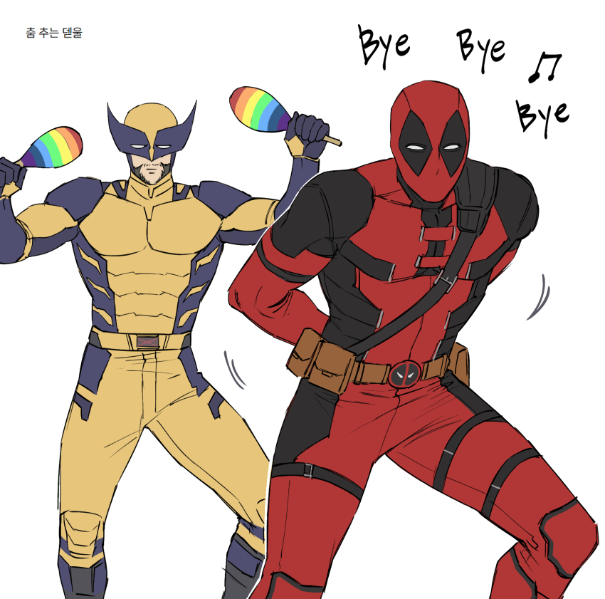 2boys, beard, belt, bodysuit, closed_mouth, commentary_request, dancing, deadpool