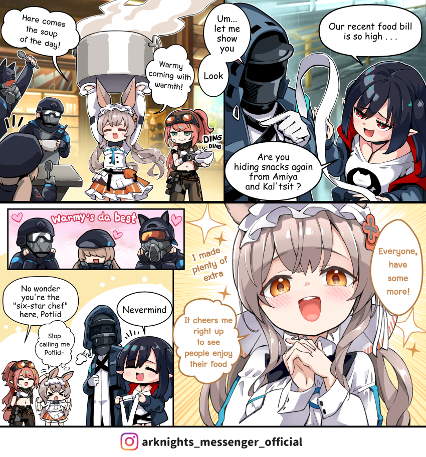 1other, 2boys, 4girls, alanna_(arknights), animal_ears, arknights, blush, bowl, chibi, closed_eyes, closure_(arknights), cooking_pot, doctor_(arknights), english_text, goggles, goggles_on_head, headpat, highres, hm_(hmongt), holding, holding_bowl, holding_cooking_pot, holding_spoon, multiple_boys, multiple_girls, pointy_ears, rabbit_ears, rabbit_girl, reserve_operator_caster_(arknights), reserve_operator_vanguard_(arknights), reserve_operator_sniper_(arknights), spoon, warmy_(arknights)