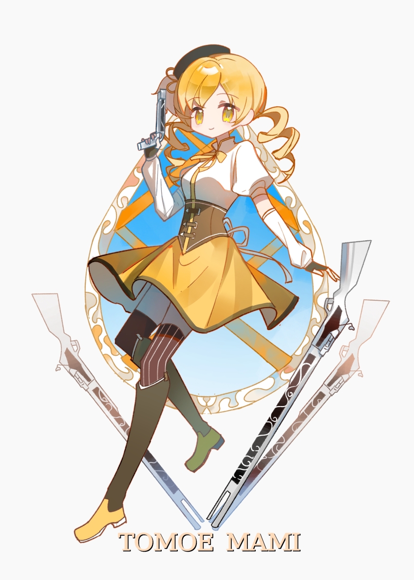 1girl, absurdres, aqi233, back_bow, beret, black_boots, black_corset, black_gloves, black_hat, black_thighhighs, blonde_hair, boots, bow, bowtie, character_name, chinese_commentary, closed_mouth, collared_shirt, commentary_request, corset, detached_sleeves, drill_hair, fingerless_gloves, flower_hairpin, full_body, gloves, gun, hair_ornament, hairpin, hand_up, handgun, hat, hat_feather, high_collar, highres, holding, holding_gun, holding_weapon, knee_boots, long_hair, long_sleeves, looking_at_viewer, magical_girl, magical_musket_(madoka_magica), mahou_shoujo_madoka_magica, mahou_shoujo_madoka_magica_(anime), miniskirt, multicolored_boots, pleated_skirt, puffy_long_sleeves, puffy_short_sleeves, puffy_sleeves, ribbon, shirt, short_sleeves, skirt, smile, solo, striped_clothes, striped_thighhighs, thighhighs, tomoe_mami, tomoe_mami_(magical_girl), twin_drills, two-tone_boots, vertical-striped_clothes, vertical-striped_thighhighs, weapon, white_background, white_ribbon, white_shirt, white_sleeves, yellow_boots, yellow_bow, yellow_bowtie, yellow_eyes, yellow_ribbon, yellow_skirt