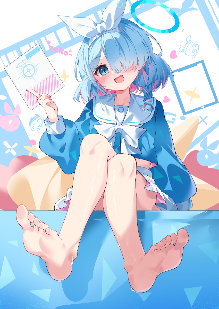 1girl, absurdres, arona_(blue_archive), bare_legs, barefoot, blue_archive, blue_eyes, blue_hair, blue_halo, blue_pupils, blue_shirt, blush, bow, crossed_legs, feet, foot_focus, hair_bow, hair_over_one_eye, hairband, halo, head_tilt, highres, holding, hua-huahua, long_sleeves, pink_hair, recruitment_(blue_archive), sailor_collar, shirt, sitting, skirt, soles, solo, toes, white_bow, white_hairband, white_sailor_collar, white_skirt