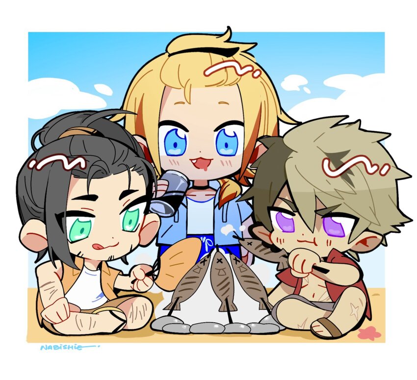 3boys, alternate_hairstyle, arm_hair, axel_syrios, bangs_pinned_back, beach, beard_stubble, black_hair