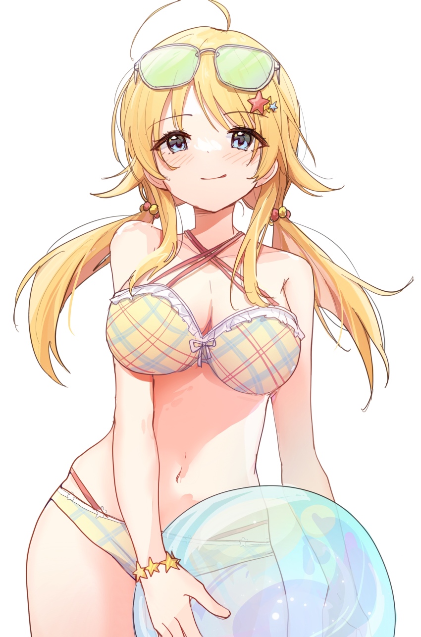 absurdres, ahoge, ball, beachball, bikini, blonde_hair, blue_eyes, breasts