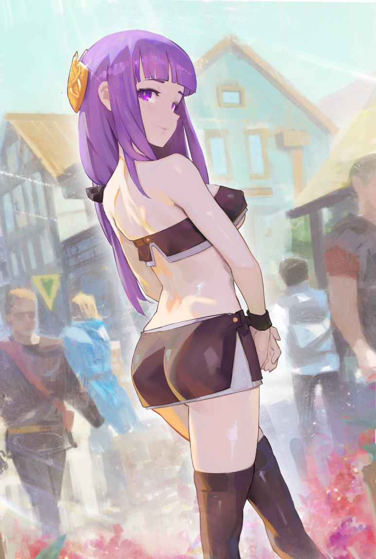 1girl, ass, bandeau, black_bandeau, black_skirt, blunt_bangs, blurry, blurry_background